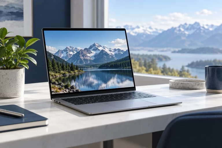 Laptop pe un birou luminos — imagine ilustrativă generată pentru demonstrarea site-ului.