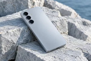 Telefon argintiu pe piatră deschisă — imagine ilustrativă generată pentru demonstrarea site-ului.